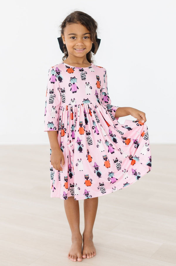 purr-fectly-spooky-3-4-sleeve-pocket-twirl-dress Mila &  Rose - Sophia's Style-Purr-fectly Spooky 3/4 Sleeve Pocket Twirl Dress-6-12M--1